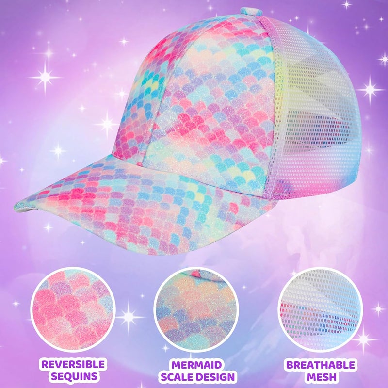 BROMZ Girls Glitter Baseball Cap Kids Ponytail Hat Adjustable Summer Mesh Trucker Hats for 4-12 Years - Image 3